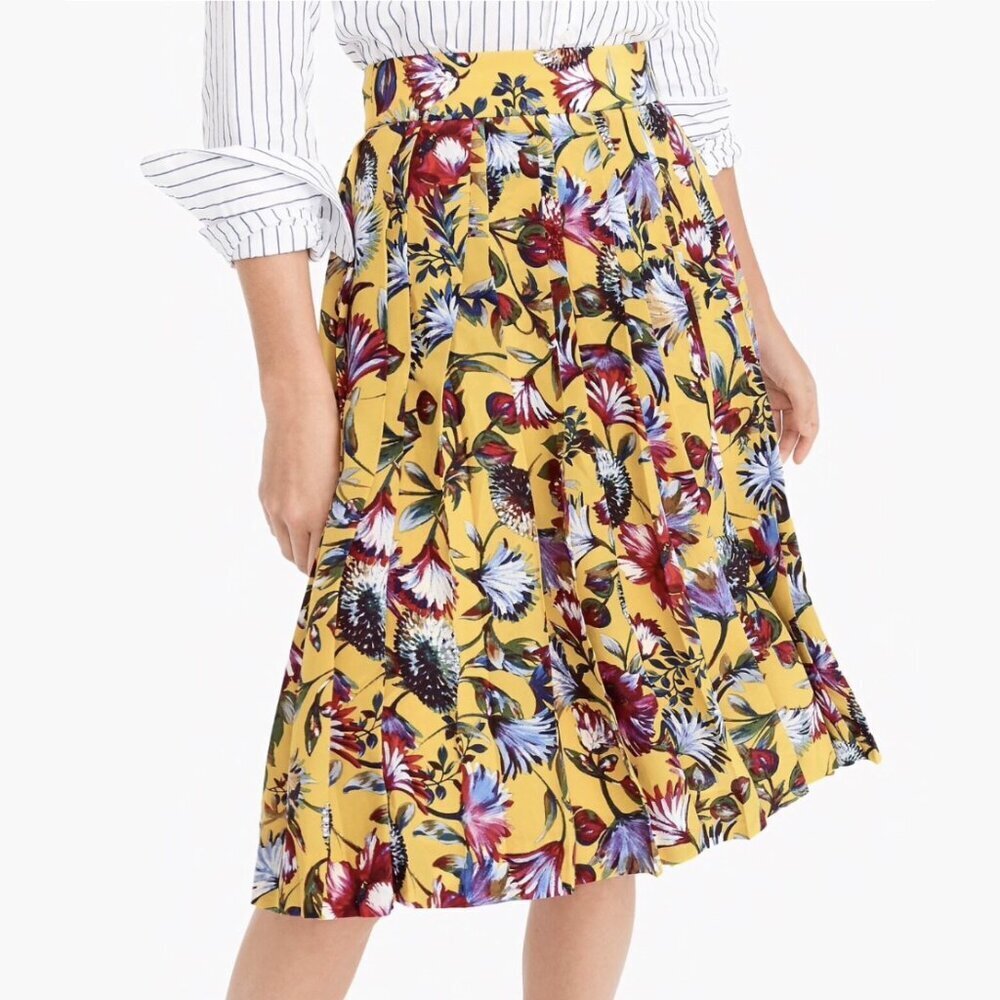 J. Crew Double-Pleated Yellow Floral 100% Silk A-Line Flowy Skirt, size 6